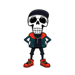 Skull emoji wearing a black hat, a red and blue jacket, and red shoes.