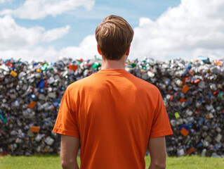 Naklejka premium person in orange shirt stands before large pile of recyclables