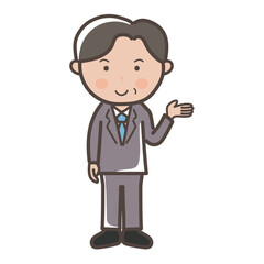 説明や案内をする中年の男性ビジネスマンの全身イラスト