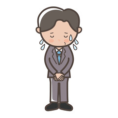 大汗をかいて謝罪する中年の男性ビジネスマンの全身イラスト
