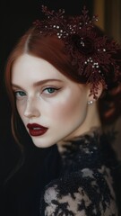Elegant young caucasian female with red hair and ornate floral hairpiece in dramatic portrait