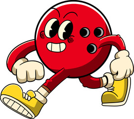 Walking Red Bowling Ball Sports mascot and slogans cartoon character in Vintage Style