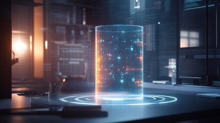 A futuristic holographic scatter graph glowing softly in a dimly lit tech-centric workspace.