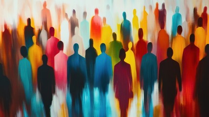 Diverse Crowd of Unidentifiable Silhouetted Figures in Abstract Composition