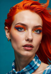 A dramatic portrait focused on the model&rsquo;s piercing orange eyeshadow and intricate blue eyeliner, with soft flames reflecting in her irises. Her fiery orange hair is styled into windswept waves
