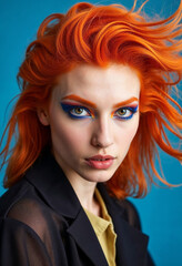 A dramatic portrait focused on the model&rsquo;s piercing orange eyeshadow and intricate blue eyeliner, with soft flames reflecting in her irises. Her fiery orange hair is styled into windswept waves