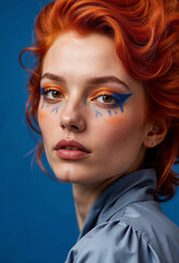 A dramatic portrait focused on the model&rsquo;s piercing orange eyeshadow and intricate blue eyeliner, with soft flames reflecting in her irises. Her fiery orange hair is styled into windswept waves