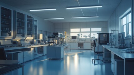 Modern Laboratory Interior: Sterile, Blue-Toned Workspace with High-Tech Equipment
