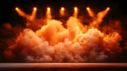 Five stage lights illuminate a thick, orange-hued fog or smoke that fills the lower two-thirds of the image, creating a dramatic and atmospheric scene.