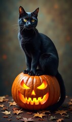 A charming black cat perched on a glowing jack-o-lantern, embodying the spirit of Halloween. Perfect for seasonal marketing and festive designs.