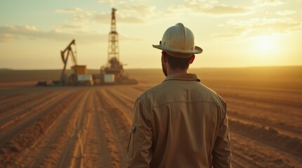Worker Observing Oil Drilling Operation at Sunset in a Remote Field