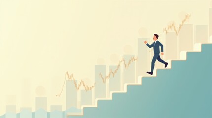 Fototapeta premium Business Professional Ascending Stairs as Stock Market Trends Rise in the Background