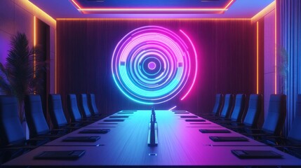 A glowing radial graph in vivid neon colors displayed in a luxury office meeting room.