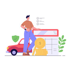 Naklejka premium Car Insurance Vector illustration. Man Buying Car Insurance and Geting Money with Calculator. Concept of Car Insurance Services, Protection Property, Road Accident for Landing Page and Web Design