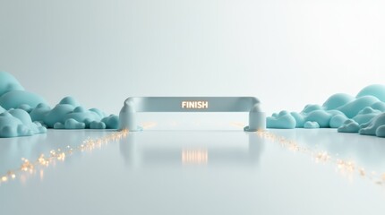 Creative Finish Line Setup With Soft Clouds and Glowing Lights in a Minimalist Environment