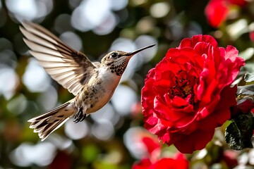 A hummingbird in flight hovers near a vibrant red rose