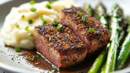 Seared Tuna Steak with Mashed Potatoes and Asparagus