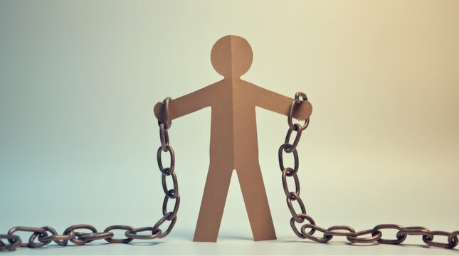 Paper Figure Struggles With Chains Symbolizing Break Free From Constraints