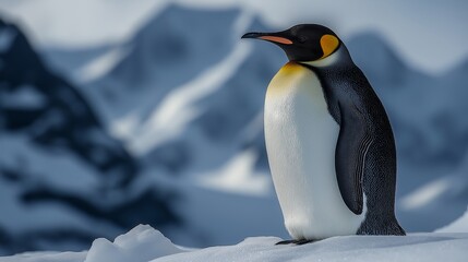 Obraz premium Majestic emperor penguin standing in icy landscape antarctica wildlife photography snowy environment close-up perspective