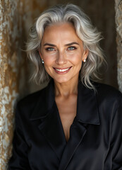 Portrait of a beautiful middle-aged woman with grey hair in a black jacket. Elegant Woman with Grey Hair