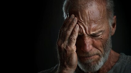 Exhausted businessman experiencing stress-induced headache at work closeup in low light emotional impact