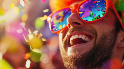 joyful person wearing colorful sunglasses amidst vibrant confetti