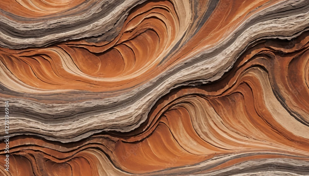 Poster Flowing Rock Layers. Earthy Tones in Nature's Art. Abstract Undulating Forms. Dynamic Striations Shape a Landscape. Natural Forces Create Beautiful Patterns. Geological Beauty.