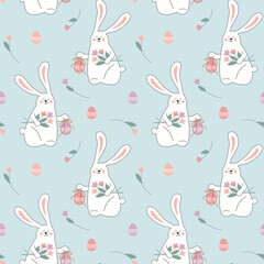 Holiday seamless pattern with cute Easter bunnies and eggs. Vector repeat texture for textile or wrapping paper with funny rabbits with a gifts.Spring wallpaper with nice cartoon animals.