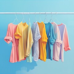 Fototapeta premium Clothes Hung on Rack in Pastel Colors with Blue Background Representing Wardrobe and Style