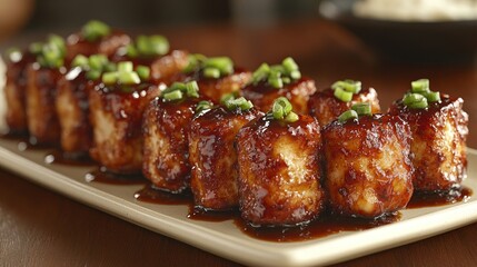 Baked Tofu Bites,  glazed,  on platter,  with rice in background