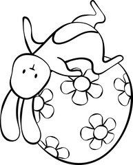 Cute Easter bunny rabbit with egg outline drawing, line art, vector illustration 