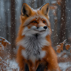 Obraz premium A red fox sitting in a snowy forest, blending with its surroundings