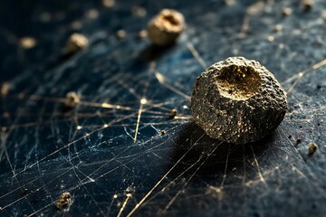 Obraz premium A single golden sphere rests on a textured dark blue background, surrounded by a subtle web of golden lines creating a modern and elegant still life.
