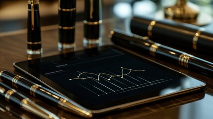 A luxurious executive desk setup featuring a digital line graph on a tablet alongside designer pens.