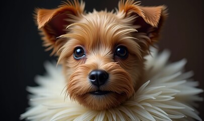 Adorable close-up of a Yorkshire Terrier with a fluffy white collar, exuding charm and playfulness, perfect for pet-related marketing and promotional materials.