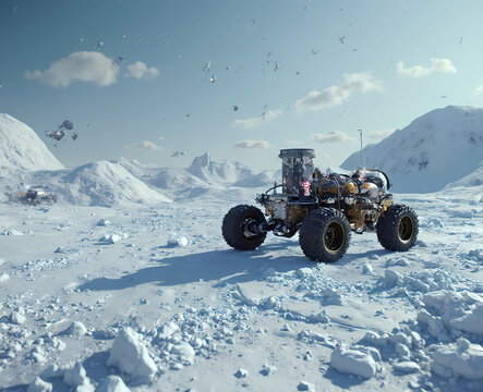 A robotic rover navigating an icy moon, its wheels leaving tracks in frozen terrain under an alien sky. Generative AI