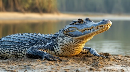Obraz premium Crocodile sunbathing on the riverbank tropical habitat wildlife photography natural environment close-up view reptile behavior