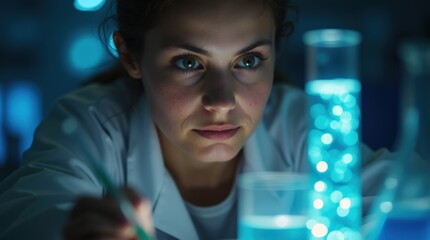 Researcher Conducts Experiment With Glowing Liquid in Laboratory Setting at Night