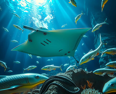 A robotic manta ray gliding through an abyssal trench, surrounded by alien marine life. Generative AI