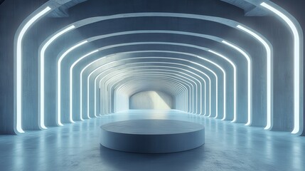 Naklejka premium Futuristic hall interior with pedestal and concrete floor. Performance and presentation concept. 3D Rendering