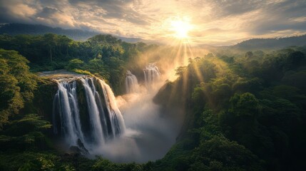 Majestic waterfall sunrise, lush jungle, scenic view, nature background, travel