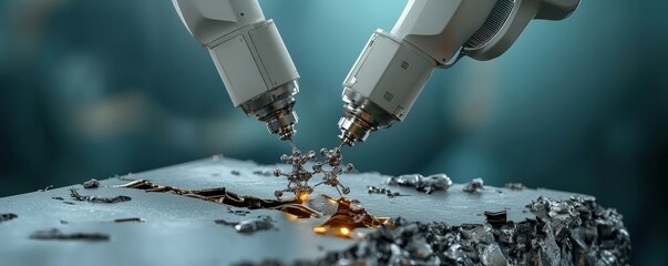 material science nano concept. Robotic arms performing precision work on a metallic surface.