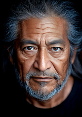 Fototapeta premium Man with a beard and gray hair is staring at the camera. The image has a serious and contemplative mood