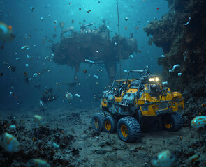 A deep-sea exploration robot scanning a shipwreck, surrounded by bioluminescent fish. Generative AI