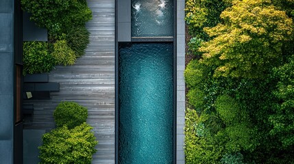 Aerial view of modern pool and lush garden oasis