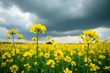 Yellow rapeseed flowers swaying gently in the breeze amidst a grey and foreboding sky, flower, landscape, weather