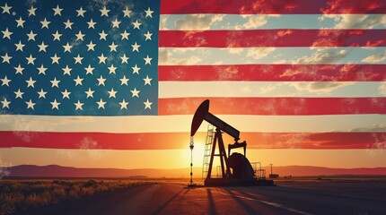 Sunset Oil Pump Against a Backdrop of the American Flag in a Vast Landscape