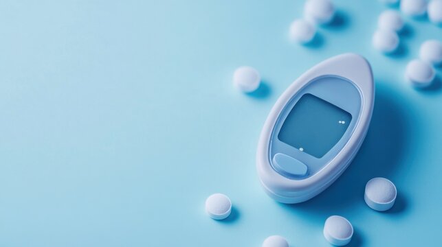 A close-up of a glucose meter with a blood sample. Featuring health awareness