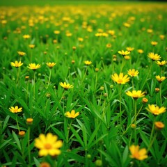 Fototapeta premium Yellow wildflowers blooming in a lush green meadow, grasses, meadow, flowers
