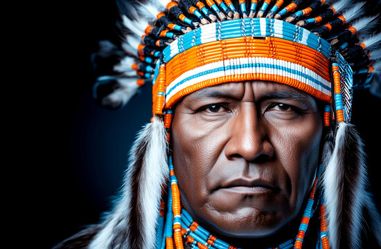 Man wearing a headdress and a beard. He has a serious look on his face. The man is wearing a blue and orange headband